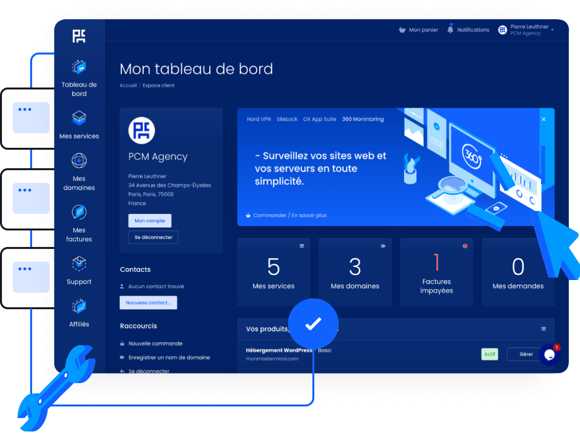 PCM Hosting | Hébergeur Web » Domaines, mails et sites Web - Panneau de contrôle très simple pour gérer tous vos services
